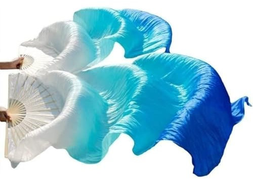 runrayay Belly Dance Faux Silk Veil Fans, 1 Pair (Left+Right) Faux Silk Bamboo Long Fans Veils, 1.5M Handmade Belly Dance Dancing Silk Fans, Dance Performance (Blue)