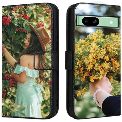 CAXKJE Lederhülle für Google Pixel 7a Personalisierte Handy Hülle,mit Eigenem Foto Bild Text Individuelle Schutzhülle,Leder Flip Case Schutzhülle Stoßfest Hülle -SAMHD-Black