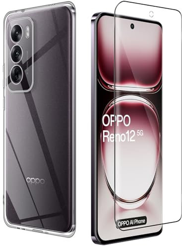 Haofun Clear Funda para OPPO Reno 12 Pro 5G con 1 Piezas Cristal Templado, Protector de Pantalla Vidrio Templado Carcasa Protectora [Protección de Cámara] Anti-Choque Antiarañazos Slim Case