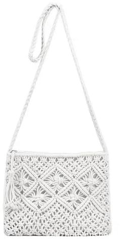 GWAWG Handgewebte Umhängetasche für Damen, Sommer, Strand, Stroh, Kuriertasche, Reißverschluss-Design, Mehrzweck-Tasche, weiß, 27 x 20 cm