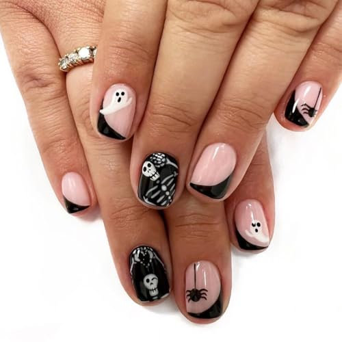 Vatocu Halloween Faux Ongles Court Noir Nu Faux Ongle Fantôme Crâne Appuyez Sur Les Ongles Araignée Acrylique Carré Collez Sur Les Ongles Pour Femmes (24 pièces)