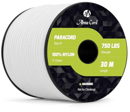 Abma Cord 750lb Paracord 4mm 30M Cuerda de 100% Nylon Tipo IV 11 Hebras Grado Militar Cuerda de Paracaídas - MAX. 340kg - Blanco