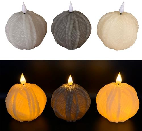Online Fuchs 3er Set runde LED-Kerzen in Wollknäuel-Optik aus Echtwachs - Inkl. 6-Stunden Timerfunktion und realistischer Flamme - Grau, Taupe, Creme (Grau)