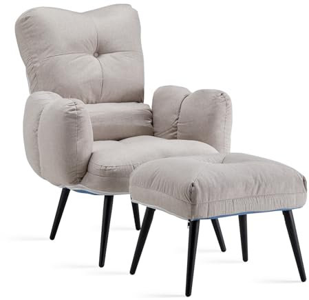 TUKAILAI Relaxsessel mit Liegefunktion, Sessel mit Hocker, Fernsehsessel mit Kopfstütze,Metallbeinen, Verstellbar Ohrensessel, Lesesessel bequem für Wohnzimmer Schlafzimmer Lounge, Leinen Beige