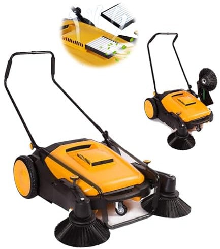 Manual Floor Sweeper (Foldable Handle), 38-Inch Motorless Sweeper + 12 Gallon Waste Container, 38,000 Square Feet Per Hour, Noise-Free, for Indoor/Outdoor
