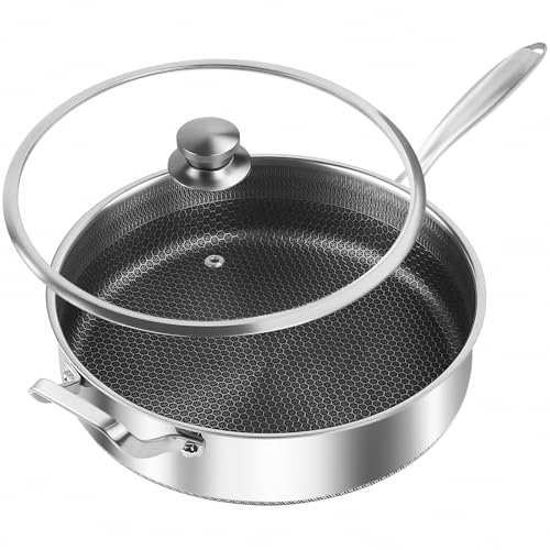 Toutrop 7 Quarts Stainless Steel Sauté Pan wih Lid, Nonstick Deep Frying Pan 13.2 Inch, Non-Stick Large Skillet, Induction Compatible, Dishwasher and Oven Safe