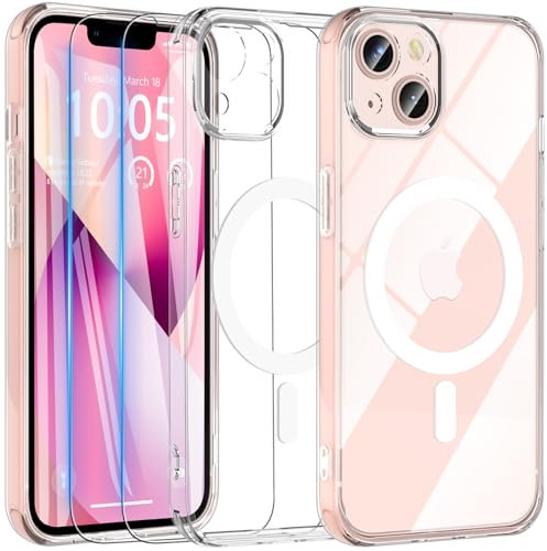 Hensinple für iPhone 13 Hülle für MagSafe [3 in 1] mit 2 Stück Panzer Schutz Glas, Magnetische Handyhülle Vollständiger Kameraschutz Stoßfest Matt Schutzhülle Case für iPhone 13 (Transparent)