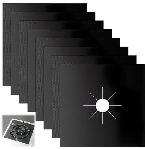 8Pcs Gas Hob Protectors, Reusable Stove Burner Covers 27 * 27CM Liner Cover Cleaners Kitchen Easy-to-Clean Stovetop Sheets High Temperature Resistant Non-Stick Free Cutting (Black)