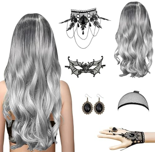 Karneval Perücke Damen inkl, Cosplay Perücke Damen Grau- Lang Lockig Perücke mit, Inklusive Gotisch Halskette, Ohrringen, Haarnetz, Maske und Handschuhen, für Cosplay, Faschings und Mottopartys