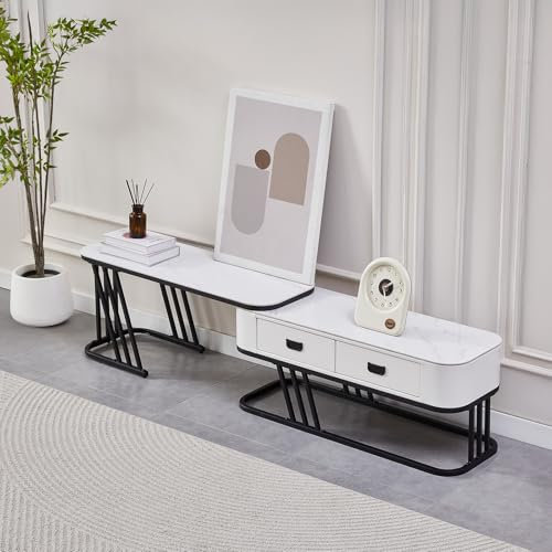 SHARPDO Mobile TV Basso e Lungo 180/140 cm, Design Moderno con Contenitore, Acciaio Nero e Pietra Sinterizzata Effetto Marmo, Stile Minimal per Soggiorno, Bianco