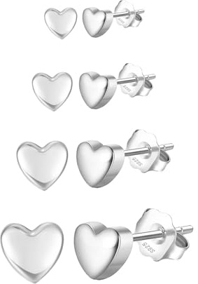 Epoch World 4 Paires Petites Boucles D'oreilles Femme En Argent 925 Hypoallergéniques Boucles d'oreilles Argent En Forme De Cœur Clous D'oreilles pour Femme Filles Livrées Dans Une Boîte