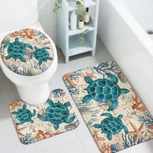 peacoblue 3-teiliges Badvorleger Set,Meeresschildkröte für Badezimmer | Badteppich Set mit WC Deckelbezug,Bathroom Rug Set Rutschfeste waschbare Matten für Bad, Schlafzimmer und Küche