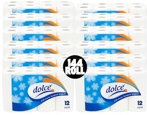 Bulk Buy Toilet Paper Dolce 2-Ply– Soft & Strong Bathroom Tissue Rolls Flushable, Biodegradable & Septic Safe Ultra Soft, Absorbent Toilet Roll Multipack for Commercial Use (12x12Roll (144 Roll))