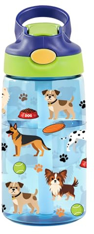 Goiicoln Bouteille d'eau de 414 ml pour garçons, bouteille d'eau bleue pour chiens, tasse anti-fuite avec rabat, petites bouteilles d'eau pour école, bureau, sport, poignée de transport, cadeau idéal