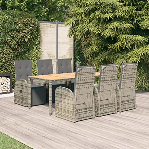 QJBSAVVA 7-TLG. Gartenmöbel Set mit Liegefunktion Poly Rattan Grau 190x90x75 cm Esstisch mit Akazienholzplatte Stapelstühle gepolstert for Garten Balkon und Terrasse