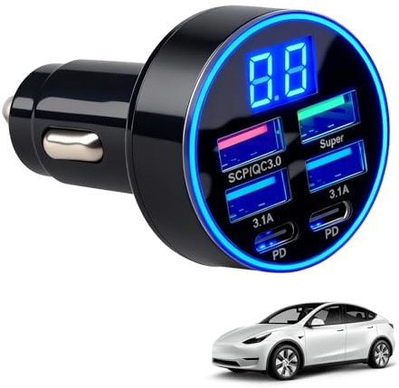 6-in-1 Car USB Charger 300W 2 USB C PD 4 USB A Ports LED Voltmeter | 12V/24V Cigarette Lighter Multi Socket with 6 Fast Charging Ports, LED Voltage Display for Phone, Tablet and Dash Camera