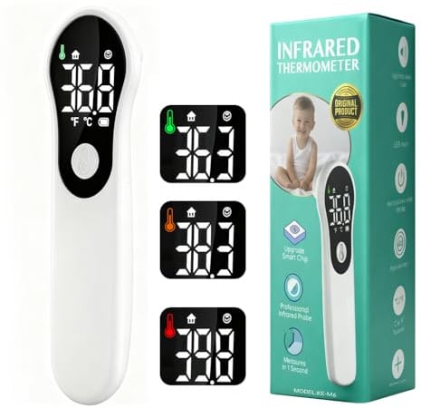 Termometro Digital Bebe y Adultos Termometro de Frente Infrarrojo sin Contacto Multiusos Alarma de Fiebre Lectura Instantánea Pantalla LCD y Recargable