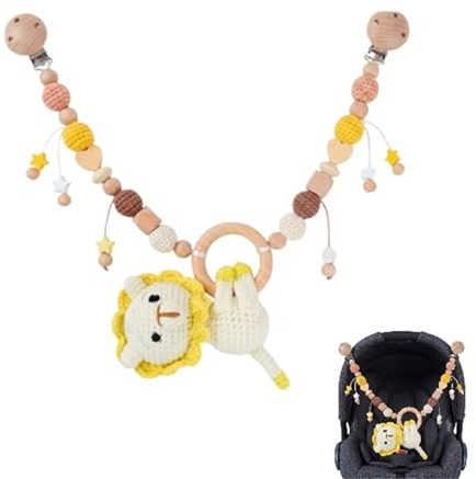 Herfair Kinderwagenkette Holz mit Löwe, Kinderwagen Spielzeug & Baby Mobile für Kinderbett, Spielbogen Anhänger für Babys Geschenk
