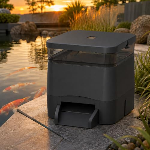vnmudzeo Outdoor Pond Fish Feeder 4L - Solar Powered Automatic Food Dispenser for Koi, Goldfish and Ornamental Fish Black