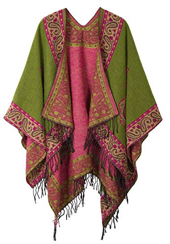 Urban GoCo Femmes Rétro Imprimé Châle Cape Manteau Tassel Poncho Cardigan (#2 Vert)
