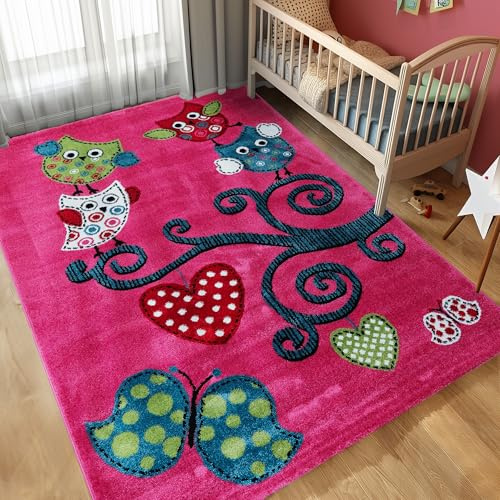 Carpettex Kinderteppich Eule-Design Violett 120 x 170 cm - Kurzflor Teppich Kinderzimmer für Mädchen und Jungen Pflegeleicht Weich - Waschbarer Spielteppich Babyteppich Gaming Teppich Babyzimmer