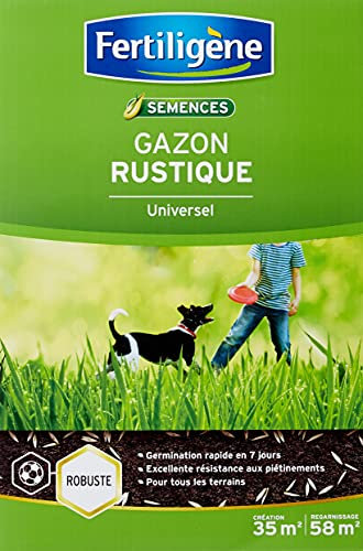 FERTILIGENE RUST35 - Semences Gazon Rustique Universel 875 g - Premières pousses en 1 semaine - Résiste aux piétinements - Pour tous types de terrains - Pour 35 m² de création et 58 m² de regarnissage