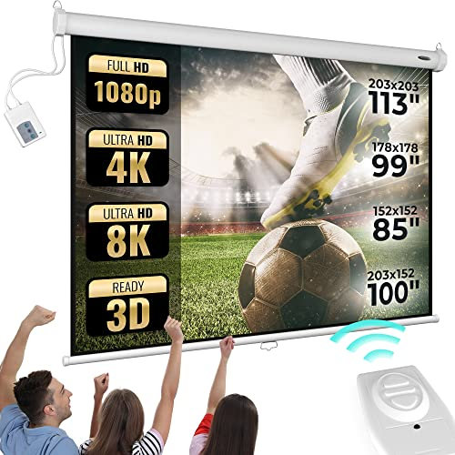 Jago® Ecran de Projection Motorisé - Choix de la Taille, HDTV, Formats 4:3/16:9, Gain 1.0, Réglable, Télécommande, Fixation Murale/Plafond - Toile Videoprojecteur, Home Cinéma (152x152 cm)