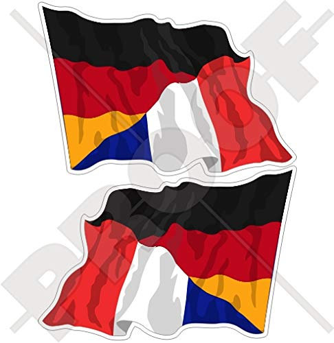 DEUTSCHLAND-FRANKREICH Deutsch-Französisch Wehende Flagge 75mm Auto & Motorrad Aufkleber, x2 Vinyl Stickers (Links - Rechts)