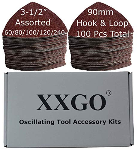 XXGO 100 Pcs 3-1/2 Inch 90mm Triangular 60/80 /100/120 /240 Grits Hook & Loop Multitool Sandpaper for Wood Sanding Contains 20 of Each Fit 3.5 Inch Oscillating Multi Tool Sanding Pad XG9020U