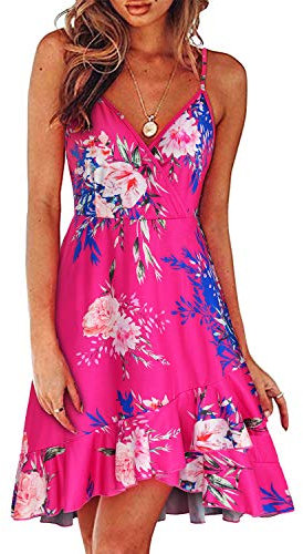 ULTRANICE Damen Sommerkleider Blumenmuster kleid V-Ausschnitt Strandkleid Verstellbaren Spaghettiträger Rüschen Freizeitkleid(Floral11,Groß)