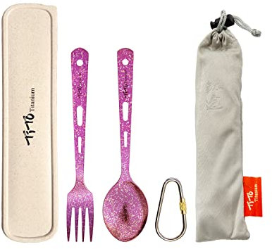 TiTo Titanium Spork Tableware Set Outdoor Camping Titanium Spoon Knife Collection 3 New Environmental Protection Sets with Box And Cloth Bag (2pcs Rose Spoon fork)