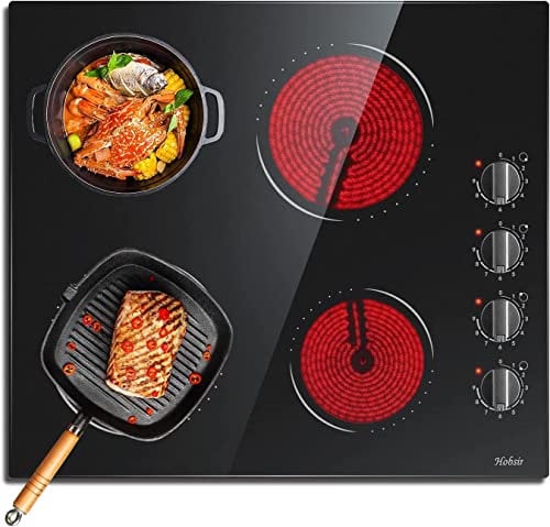Ceramic Hob 4 Zones Electric Hob with Knobs Built in 6000W Ceramic Hob 60cm with Non-abrasive Black Glass Auto Switch off Safety Hard Wire, No Plug Included