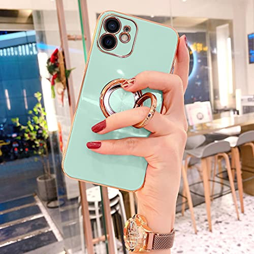 OWM iPhone 12 Case with Ring Holder Stand Magnetic Back Silicone Shockproof Gold Edge Luxury Designer Girls Women Soft Protective Phone Cover Compatible for iPhone 12-6.1 (Mint Green)