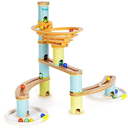 boppi Murmelbahn umweltfreundlich 48 Stück Holz Bambus-Labyrinth für Kinder mit 12 Murmeln - Konstruktion STEM Spielzeug für Jungen und Mädchen ab 3 Jahren - Anfänger Paket