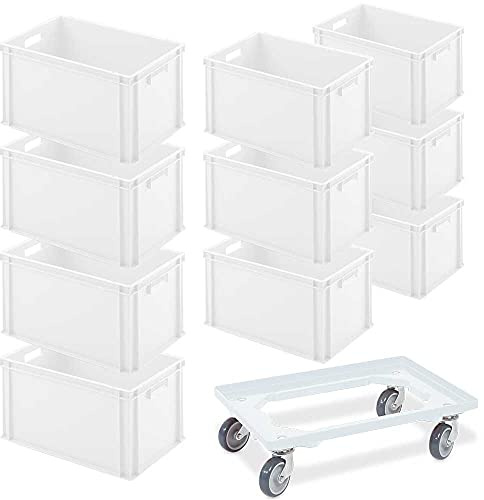 BRB 10er SPAR-Set Euro-Behälter PLUS Transportroller, 600x400x320 mm Industriequalität lebensmittelecht (weiß/weiß)