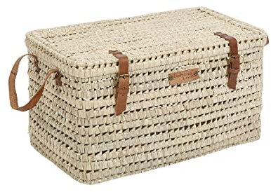 Bohome Living - Coffre de Rangement en Feuilles de Palmier et cuir, Malle à Jouets, Panier Rangement Salon (60cm)