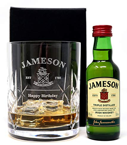 Personalised Engraved Crystal Glass Whiskly Tumbler & Miniature Gift Set - Jameson Label Design (Cardboard Gift Box)
