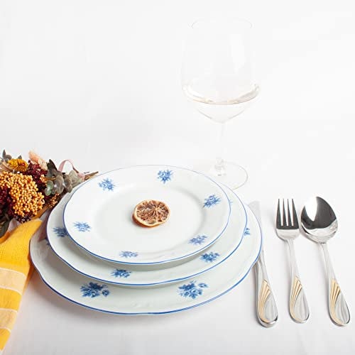 FranquiHOgar SET 18 Platos de Porcelana Lubeck Blue Diseño Elegante con Flores Azules - Apto para Microondas y Lavavajillas, Porcelana Premium