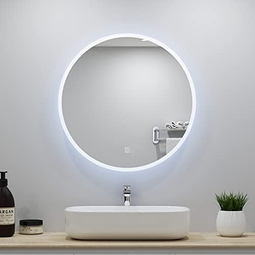 Biubiubath Round Bathroom Mirror with LED Lights and Demister 600mm Touch Sensor Wall Mounted Bathroom Mirrors with Lights