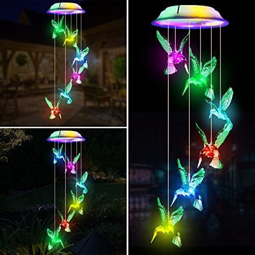 Windspiel Solar Kolibris Windspiele für Draußen, Solarleuchten LED Mobile Windspiele Farbwechsel Wasserdicht Haengende Gartenlampe Außen für Garten Hof Rasen Wege Balkon Terrasse Party Deko