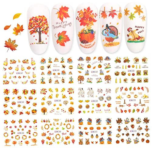 Fall Nail Art Supplies - Autumn Maple Leaves, Pumpkin, Turkey Stickers - Thanksgiving Themed Water Transfer Decorations - 12 Sheets/Set