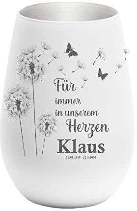 Trauerlicht - Für Immer in unserem Herzen Gravur mit Namen und Datum - Gedenklicht Erinnerungslicht Grablicht Trauergeschenk Sternenkind (weiß/Silber)