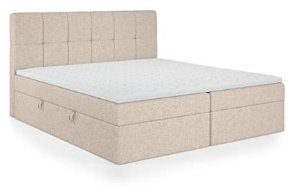FEDVE Boxspringbett 200x200 Beige – Mokpo – Praktisches Bett mit Bettkasten – Gemütlich Kopfteil Bett mit Matratze für Viele Jahr - Stabiles Doppelbett mit Stauraum zum Schlafzimmer