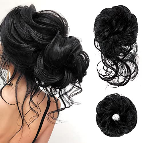 Haarteil Mit Gummiband, Groß Dutt Haarteil Gelockt Haargummi Haaren Hochsteckfrisuren Haarverlängerung Messy Bun Haarteile with Braids, Brautfrisuren Voluminös Gelockt Unordentlich Dutt, 45g (Schwarz)