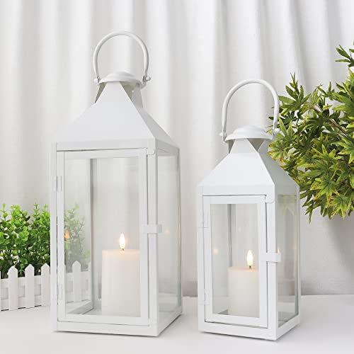JHY DESIGN Set von 2 Deko Laterne 44,5 cm & 24 cm Hoch Laternen Draußen Weiß Kerze Groß Hängelaterne für Drinnen Veranstaltungen Parität Hochzeiten Vintage Style Dekorative(Weiß)