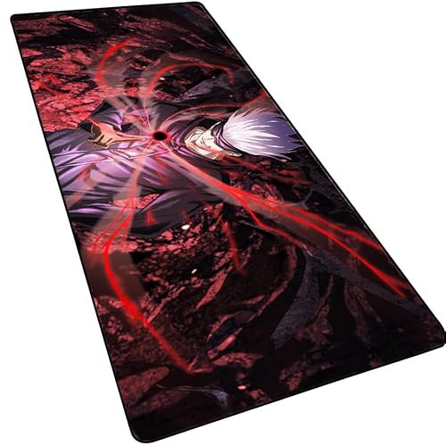 Japanisches Anime-Gaming-Mauspad mit genähten Kanten, Jujutsu Kaisen Gojo Satoru verlängertes Mauspad, rutschfeste Gummiunterseite, Schreibtischmatte für Gamer, Büro und Zuhause, 90.7x39.9 cm