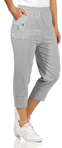 URBAN STITCH Womens Capri Trousers Ladies Three Quarter Soft 3/4 Cropped Pants UK Ladies Stretch Pull on Trousers Elasticated Waist Plus Size Summer Shorts