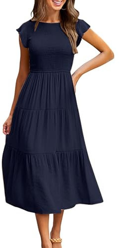 Yuson Girl Robe Longue Femme Ete Robe de Plage Boheme Casual Robe Maxi de Cocktail élégante Robe à Col Rond et à Manches Volantées élastique Taille Haute (Bleu Marine, L)