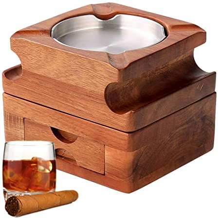 Cendrier à cigares en bois, plateau en verre à whisky avec porte-cigare, cendrier à cigares, cendrier à cigares, cendrier à whisky amovible avec tiroir, cendrier à whisky pour la maison, le bureau