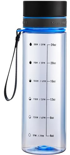 Doseno Reusable Water Bottle, 28OZ Clear Plastic Bottle with Time Marker, Ideal for Travel, Hiking, Gym, Fruit Infusion, Blue